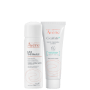 Dois produtos da linha Avène: um frasco de Água Termal Avène e um tubo de Creme Reparador Protetor Cicalfate+, ambos com embalagens brancas e detalhes em laranja.