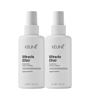 Dois frascos brancos de 150 ml da linha Miracle Elixir da Keune, um spray de queratina com óleo de coco orgânico, com rótulos em preto e branco.