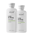 Dois frascos brancos da linha Long & Strong da Keune, um shampoo fortalecedor e um condicionador fortificante, ambos com rótulos em preto e verde, contendo 300ml e 250ml respectivamente.