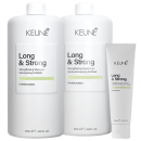 Dois frascos brancos da linha Long & Strong da Keune, contendo shampoo e condicionador fortalecedores, além de um tubo de tratamento leave-in da mesma linha. Os rótulos destacam os ingredientes Centella Asiatica.