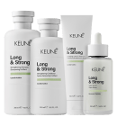 Produtos da linha Long & Strong da Keune, incluindo shampoo, condicionador, tratamento leave-in e sérum, em embalagens brancas com detalhes em verde, destacando ingredientes como Centella Asiática e peptídeos biomimétricos.
