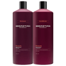 Dois frascos de produtos de cabelo da marca Sebastian Professional, um shampoo e um condicionador, ambos com embalagens de plástico de cor vinho escuro e rótulos com o nome da marca.
