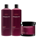 Três produtos da marca Sebastian Professional: shampoo, condicionador e máscara de tratamento, em embalagens de plástico preto e vermelho escuro, com rótulos destacando os nomes da marca e do produto.