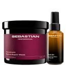 Dois produtos de beleza da marca Sebastian Professional: um pote preto e vermelho contendo uma máscara de reparação Penetraitt e um frasco de óleo de penteado Dark Oil Smooth & Shine em embalagem preta.