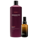 Frasco de shampoo da marca Sebastian Professional, na cor vinho, com rótulo destacado. Acompanha um frasco de óleo para cabelos da mesma marca, na cor âmbar. Produtos de tratamento e cuidado para cabelos.