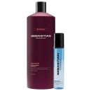 Dois produtos de beleza da marca Sebastian Professional: um frasco de shampoo de cor vinho com rótulo em destaque, e um frasco spray azul com rótulo indicando "Shine & Heat Protection Spray".