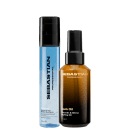 Dois frascos de produtos de beleza da marca Sebastian Professional. Um frasco azul contém um spray de proteção térmica e brilho, e o outro frasco marrom contém um óleo de penteado para suavidade e brilho.