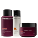 Três produtos da marca Sebastian Professional: um frasco de shampoo Penetraitt Rescue Repair, um tubo de condicionador Potion 9 e um pote de máscara Penetraitt Rescue Repair, todos em embalagens pretas e vermelhas com o logotipo da marca.
