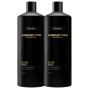 Dois frascos pretos de shampoo da marca Sebastian Professional, com rótulos dourados indicando a linha "Dark Oil Silky Shine". Os frascos possuem design elegante e moderno, com formato cilíndrico e tampa preta.