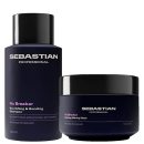 Dois produtos da marca Sebastian Professional: um frasco preto de shampoo "No Breaker" e um pote preto de máscara capilar "No Breaker Bonding Melting Mask". Ambos os produtos apresentam a marca "Sebastian Professional" em destaque.