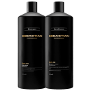 Dois frascos pretos da marca Sebastian Professional, um de shampoo e outro de condicionador da linha Dark Oil, com rótulos em dourado destacando o nome da marca e o tipo de produto.