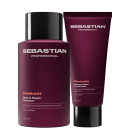 Dois produtos da marca Sebastian Professional: um frasco de shampoo Penetraitt Rescue Repair e um tubo de condicionador Penetraitt Rescue Repair, ambos em embalagens de plástico rígido de cor vinho escuro com detalhes em preto.