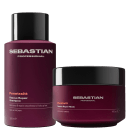 Dois produtos da marca Sebastian Professional: um frasco de shampoo Penetraitt Rescue Repair e um pote de máscara Penetraitt Rescue Repair, ambos em embalagens pretas e roxas com o logotipo da marca.