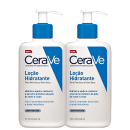 Dois frascos de loção hidratante CeraVe, com bombas doseadoras, em embalagem branca e azul. Cada frasco contém 340 ml do produto, desenvolvido com dermatologistas, sem perfume, com 3 ceramidas essenciais e ácido hialurônico.