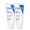 Dois tubos de creme hidratante CeraVe para pele seca a extra seca, com 200g cada, embalagem branca com detalhes azuis, destacando a presença de 3 ceramidas essenciais e ácido hialurônico na fórmula, sem perfume.