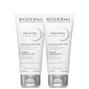 Dois frascos brancos da linha Pigmentbio Sensitive areas da Bioderma, com 75ml cada. Os frascos apresentam rótulos com o nome do produto e informações sobre seu uso para tratar manchas escuras em áreas sensíveis.