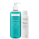 Dois produtos da marca Avène: um frasco de gel de limpeza purificante Cleanance de 400g e um frasco de água termal Avène de 150ml