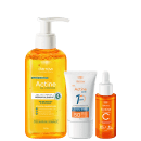 Produtos da linha Actine da Darrow: gel de limpeza dermatológico, protetor solar FPS 50 e sérum concentrado de vitamina C, em embalagens de plástico brancas e laranja.