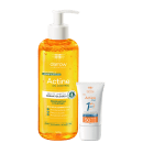 Dois produtos da marca Darrow: um frasco de gel de limpeza dermatológico Actine Oil Control com 400g, em embalagem laranja, e um tubo de protetor solar Actine One FPS 50 com 40g, em embalagem branca.