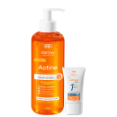 Gel de limpeza dermatológico Actine da Darrow com vitamina C, em frasco branco com bomba dosadora, e tubo de protetor solar Actine One FPS 50, em embalagem branca.
