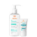 Sabonete dermatológico Suavie da Darrow Laboratorio, em embalagem branca com detalhes em laranja, e hidratante facial Suavie Aquasensi, em tubo branco também com detalhes em laranja, ambos indicados para pele sensível e intolerante.