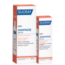 Dois produtos da marca Ducray: um frasco de shampoo Anaphase Reactiv de 400 ml e um frasco de condicionador Anaphase Reactiv de 200 ml, ambos em embalagens de cores branca e laranja.