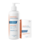 Shampoo antiqueda Anaphase+ da Ducray em frasco branco de 400ml com bomba dosadora e caixa laranja contendo suplemento Anacaps Activ+ da mesma marca.
