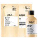 Embalagens de shampoos e máscara da linha Absolut Repair da L'Oréal Professionnel.