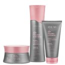 Conjunto de produtos Amend Cosméticos 40+ Prolonga & Regenera, incluindo shampoo revitalizante, leave-in revitalizante e máscara revitalizante em embalagens rosa e cinza.