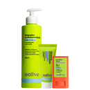 Produtos de beleza da marca Sallve: um frasco de 300 ml de limpador antioleosidade com ácido glicólico, nicotinamida e chá verde; um tubo de hidratante antioleoside; e um protetor solar antioleosidade FPS 50 em embalagem compacta.
