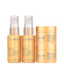 Dois frascos de 30ml do Nutri Glow Miracle Booster da Cadiveu Professional e dois potes de 30ml da Nutri Glow Nourishing Mask da Cadiveu Professional, todos em embalagens com cores predominantes de laranja e dourado.