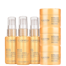 Três frascos de Nutri Glow Miracle Booster da marca Cadiveu Professional, acompanhados de três potes de máscara condicionadora Nutri Glow da mesma marca, com 30ml cada