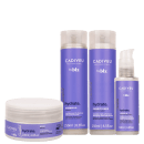 Produtos da linha Cadiveu Professional by BLZ, incluindo shampoo, condicionador e leave-in, em embalagens plásticas com predominância da cor roxa e detalhes em branco. Os rótulos exibem o nome da marca e a indicação "hydrate".