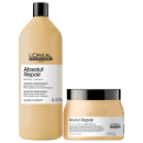 O produto de beleza da L'Oréal Professionnel é um conjunto de shampoo e tratamento condicionador da linha Absolut Repair, com embalagens em tons de amarelo e preto, contendo informações sobre os ingredientes e benefícios do produto.