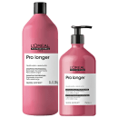Dois produtos da linha Pro Longer da L'Oréal Professionnel: um frasco de shampoo de 1L e um frasco de condicionador de 750ml, ambos com embalagem rosa e preta destacando os ingredientes Filler-A100 e Amino Acid.