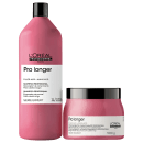 Produtos da linha Pro Longer da L'Oréal Professionnel, incluindo um frasco de shampoo e um pote de tratamento condicionante, ambos em embalagens rosa e preta com detalhes em branco.