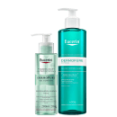 Dois produtos da marca Eucerin: um gel de limpeza facial Dermopure Oil Control e um gel de limpeza gentil Dermopure Clinical, ambos em embalagens plásticas com cores predominantes de verde e branco.