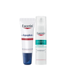 Dois produtos Eucerin: um tubo de creme Aquaphor para reparação de lábios secos e ressecados, e um frasco de spray Dermopure para ação tripla no cuidado da pele.