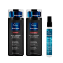 Conjunto de produtos de cuidados capilares da marca Truss, incluindo shampoo, condicionador e spray para cabelos com frizz, em embalagens pretas e azuis com o logotipo "Frizz zero".