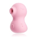 O produto apresentado é um vibrador rosa de formato arredondado e compacto. Possui uma superfície lisa e uma abertura na parte superior. Não há rótulos ou marcas visíveis na imagem.