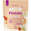 Embalagem de suplemento alimentar em pó da marca Sanavita, com sabor de baunilha e caramelo. Apresenta informações nutricionais e destaca o conteúdo de 22g de proteína por porção.