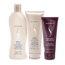 Um frasco de shampoo, um tubo de condicionador e um tubo de máscara capilar. O shampoo é chamado "Smooth Shampoo" e o condicionador é chamado "Smooth Conditioner". A máscara é chamada "Inner Restore Intense Moisturizing