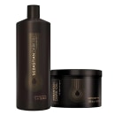 Shampoo e máscara da linha Sebastian Professional Dark Oil. O shampoo vem em uma embalagem plástica preta de 1 litro. A máscara está em um pote plástico preto de 500 ml. As embalagens têm um design minimalista com linhas curvas douradas em forma de gota.