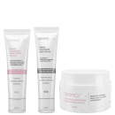 Três produtos de beleza incluindo um creme hidratante, um clareador para virilha e um creme esfoliante hidratante. As embalagens são brancas com detalhes em rosa e texto em português descrevendo os produtos.