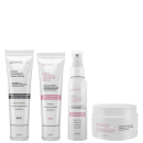 Conjunto de produtos de beleza da marca Dermo, incluindo creme clareador para virilha, creme hidratante para região pélvica, tônico refrescante e creme hidratante revitalizante, em embalagens brancas com detalhes em rosa.
