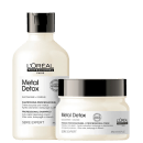 Dois produtos de cuidados capilares da linha Metal Detox da L'Oréal Professionnel. Um é um shampoo profissional em um frasco branco com tampa preta. O outro é uma máscara profissional em um pote branco com tampa preta.