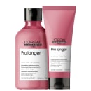 Uum frasco de shampoo profissional de 300ml e um tubo de condicionador profissional de 200ml, ambos com embalagens de cor rosa e preto, exibindo o nome da linha "Pro Longer" e a marca "L'Oréal Professionnel Paris".