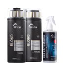 A imagem mostra três produtos da marca TRUSS, com dois frascos pretos de shampoo e condicionador da linha Bonde, com detalhes em amarelo claro, e do lado direito, um borrifador plástico preto com fundo azulado.
