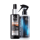 A imagem mostra dois produtos da marca TRUSS. À esquerda, há um frasco prateado e preto contendo Leave-in, e à direita, há um frasco borrifador plástico preto com fundo azulado, do tratamento reconstrutor.