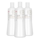Três frascos brancos da linha Wella Professionals Blondor, contendo 30 volumes de Freelights, um produto para clarear e iluminar os cabelos.